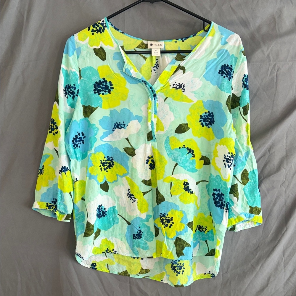 STYLUS Blue and Green Floral Women's Blouse